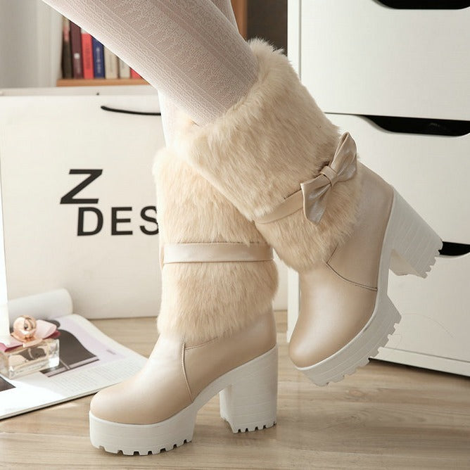 Women's Thick Heel Snow Boots – Cute Bowknot Winter Style