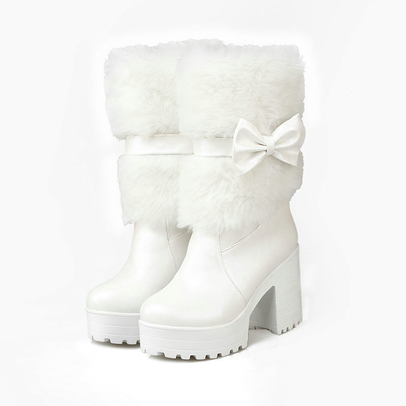 Women's Thick Heel Snow Boots – Cute Bowknot Winter Style