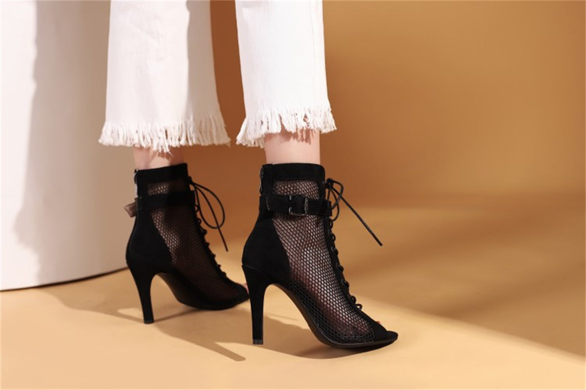 Stylish Peep-Toe Mesh High Heels – Hollow Design, Cross Lace-Up & Buckle Strap