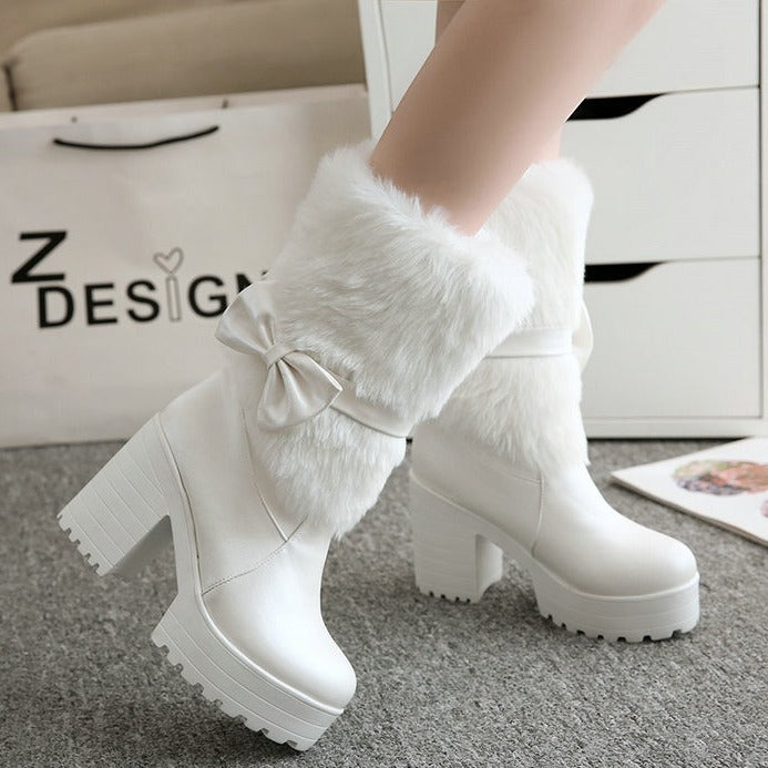 Women's Thick Heel Snow Boots – Cute Bowknot Winter Style