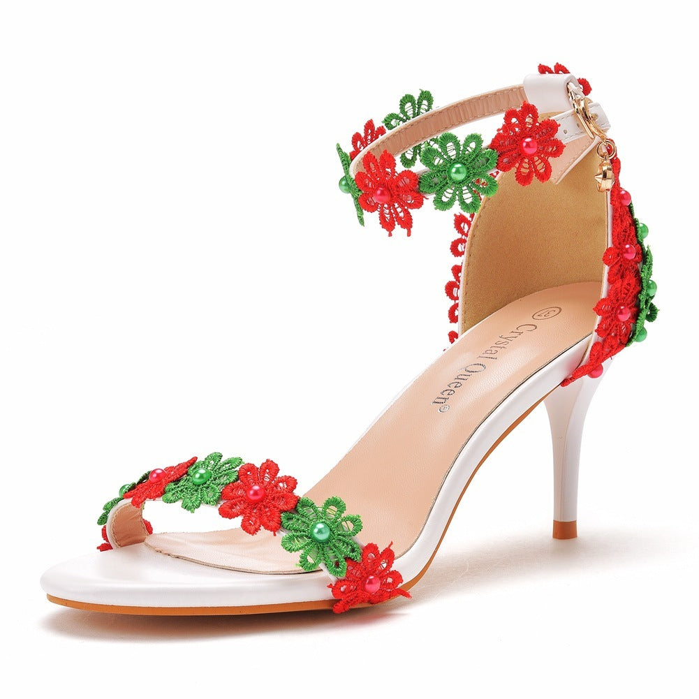 Women's Floral Beaded Stiletto Sandals – Elegant Open-Toe High Heels