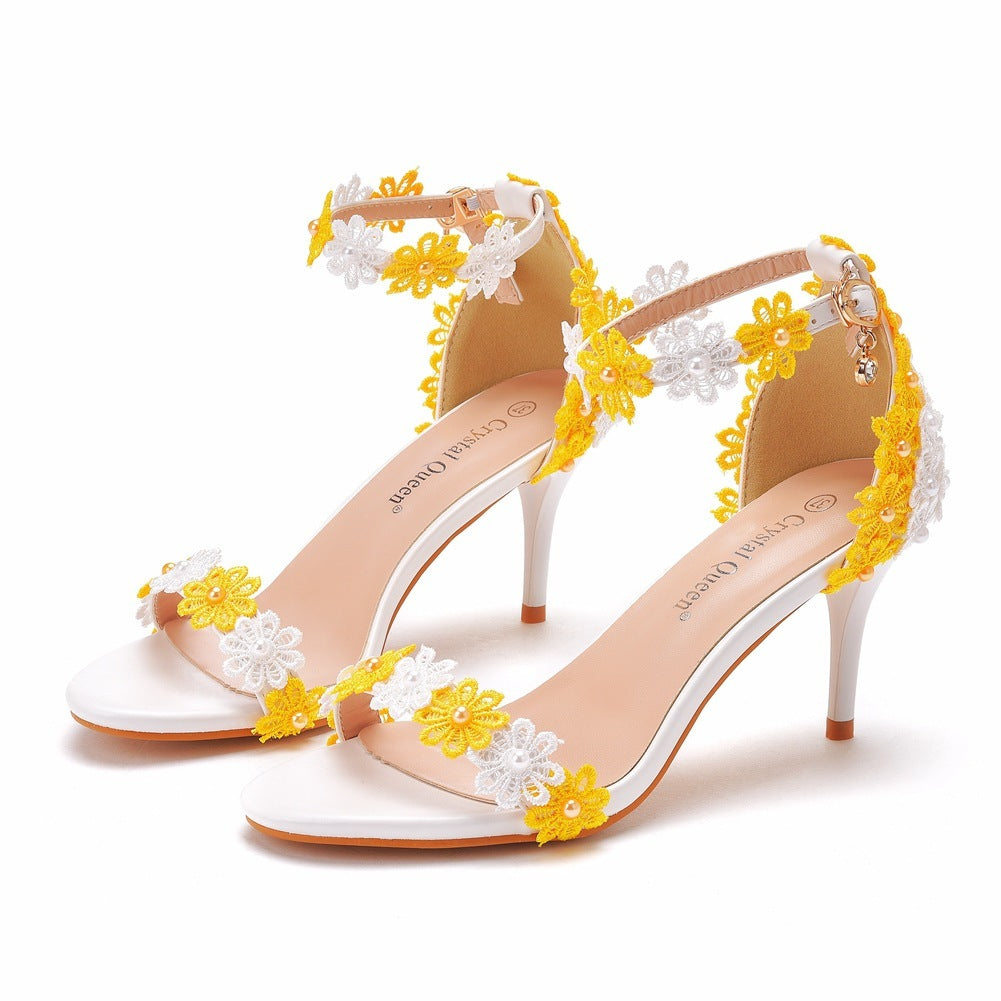 Women's Floral Beaded Stiletto Sandals – Elegant Open-Toe High Heels