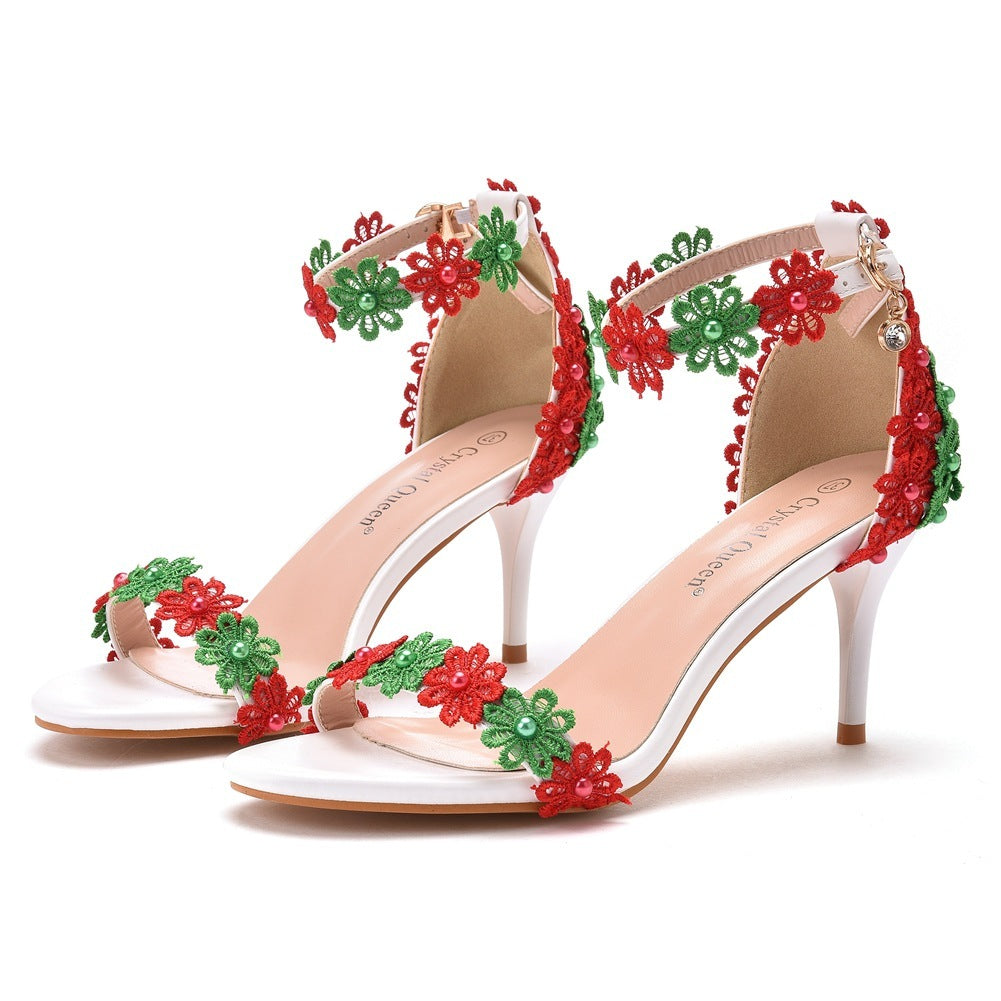 Women's Floral Beaded Stiletto Sandals – Elegant Open-Toe High Heels