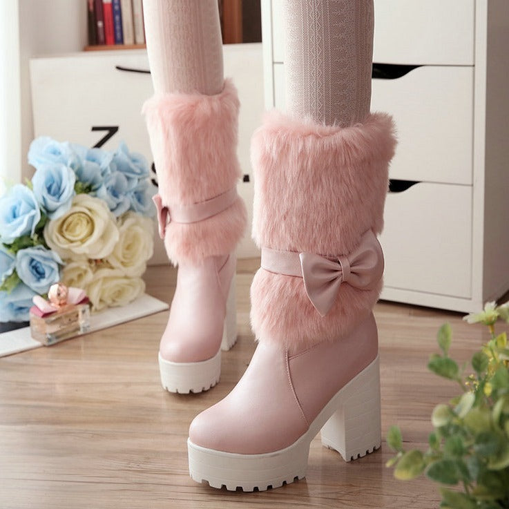 Women's Thick Heel Snow Boots – Cute Bowknot Winter Style